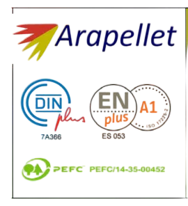 Oferta excepcional! Palé de 70 sacos de pellets Arapellet – Gránulos de madera reciclada y biomasa, certificados EN+A1 y DIN+ PEFC.