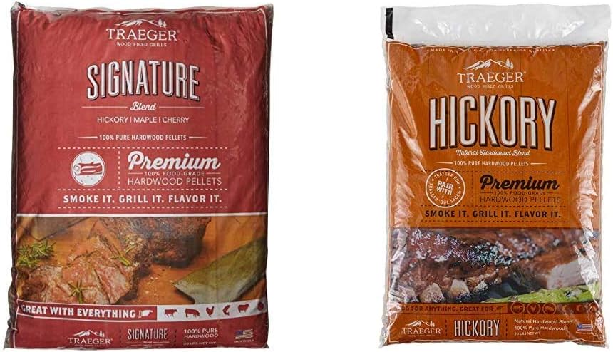Traeger Grills PEL331 Signature Blend – Pellets de madera dura 100 % natural, para parrilla, ahumar, hornear, asar, estofar y barbacoa (bolsa de 20 libras) y pellets de parrilla de madera dura 100 % natural PEL319 de nogal