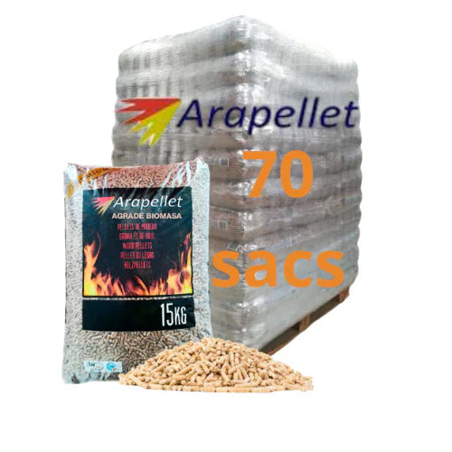 Oferta excepcional! Palé de 70 sacos de pellets Arapellet – Gránulos de madera reciclada y biomasa, certificados EN+A1 y DIN+ PEFC.