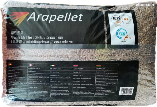 Oferta excepcional! Palé de 70 sacos de pellets Arapellet – Gránulos de madera reciclada y biomasa, certificados EN+A1 y DIN+ PEFC.
