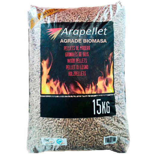 Oferta excepcional! Palé de 70 sacos de pellets Arapellet – Gránulos de madera reciclada y biomasa, certificados EN+A1 y DIN+ PEFC.